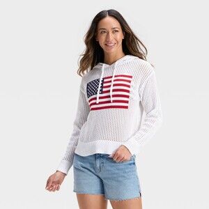 Open Stitch Hooded Pullover Sweater - White Flag L